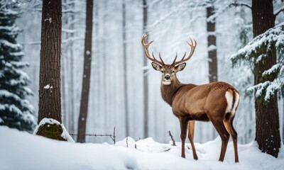 Beautiful Deer male with big horns in the winter snowy forest. Winter natural background. Christmas image. Sunny and frosty winter day