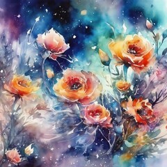 watercolor of flowers, intense, stylized, colorful, detailed, high resolution