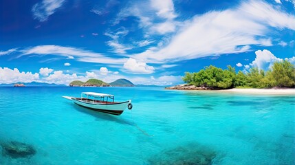  Beautiful natural landscape of coast of a tropical beach with a boat in ocean at sunset with beautiful blue clouds