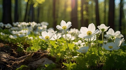 Beautiful white flowers of anemones in spring in forest. Nature and green background