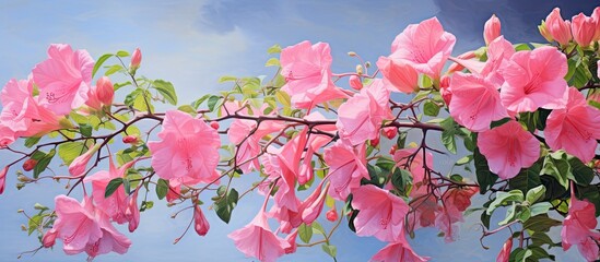 In the midst of a vibrant summer a beautiful pink trumpet vine adorned the landscape its blossoms radiating the captivating beauty of natures freshness and the enchanting allure of the pink