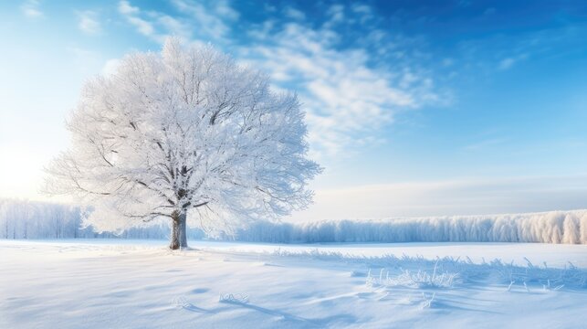 Beautiful winter landscape with a lonely snow-covered tree