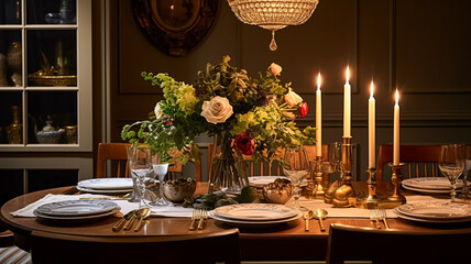 Holiday celebration table decor, festive tablescape in dining room, candles and flowers decoration for formal family dinner in the English country house, countryside interior design