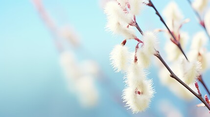 Blooming fluffy willow branches in spring close-up on nature macro with soft focus on a light background