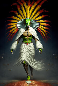 Quetzalc&oacute;atl, la serpiente emplumada, era descrito en los mitos mexicas como un hombre alto y delgado, de piel clara y cabello largo y negro. Sol&iacute;a vestir una t&uacute;nica larga y blanca, adornada con pluma