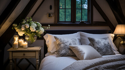 Modern cottage evening bedroom decor, interior design and home decor, bed with elegant bed linen bedding and lamp in English country house, holiday rental and cottage style