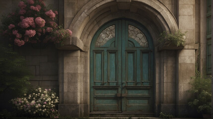 Fototapeta premium An old green door in a building and flowers on the side - AI Generative