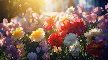  Colorful beautiful multicolored flowers Zínnia spring summer in Sunny garden in sunlight on nature outdoors  - obrazy, fototapety, plakaty