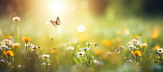 Colorful meadow with flowers, butterflies, and blurred nature backdrop   ideal for text placement
