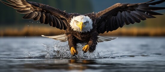 In the vast wilderness of Alaska a majestic bald eagle dives skillfully into the water its sharp...