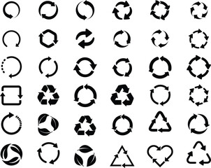 Recycle icon symbol vector set. Recycling and rotation or circular arrows icon collection. revolves endlessly Reuse sign. Eco ecology nature bio black