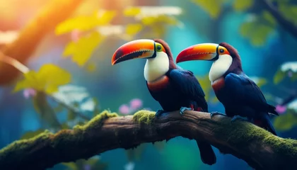  Vibrant toucan birds on branch in lush forest, with blurred green vegetation backdrop © Ilja