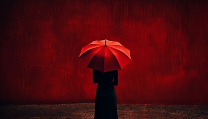 Beautiful young woman with red umbrella in the pouring rain, blank copy space for design purposes