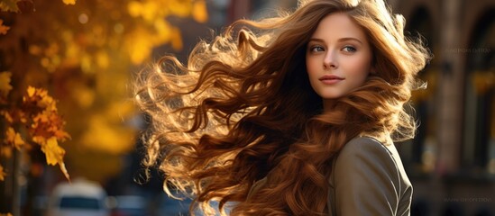 midst of a vibrant autumn street a young woman with retro vintage fashion effortlessly exudes beauty her long hair framing a face of timeless elegance as if she were a model in a luxurious p