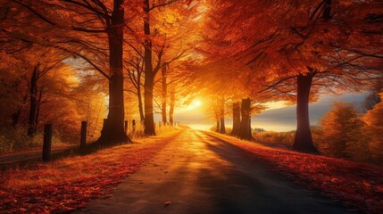 Picturesque natural autumn landscape with sun, blue sky, road and beautiful trees with red and orange foliage