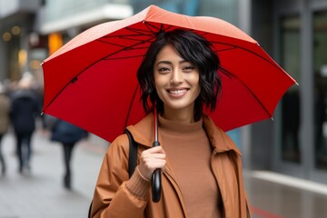 Fashionable woman with red umbrella walking in the rain, perfect for text or branding