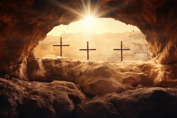Three crosses on a hill from Empty tomb cave. Concept of Jesus resurrection Christian Easter story. - obrazy, fototapety, plakaty