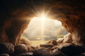 Empty Tomb At Sunrise. Resurrection Of Jesus Christ in Easter morning.