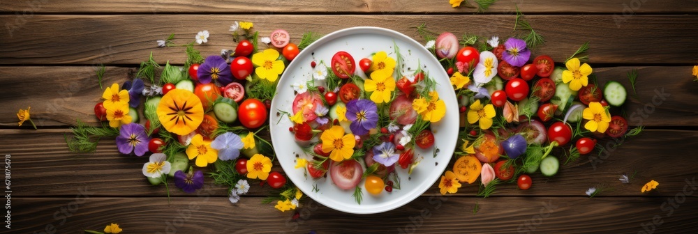 Poster fresh and healthy salad on a white plate with copy space on the left side for text placement