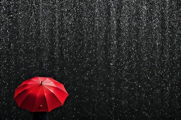 Beautiful young woman with red umbrella enjoying the rain and creating copy space for text
