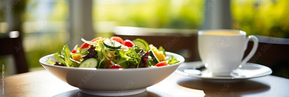 Poster fresh and healthy salad in white plate with copy space on left side for text placement