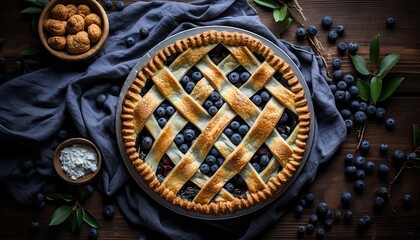 Fototapeta na wymiar Delectable blueberry pie with fresh juicy berries on a delightful rustic wooden background