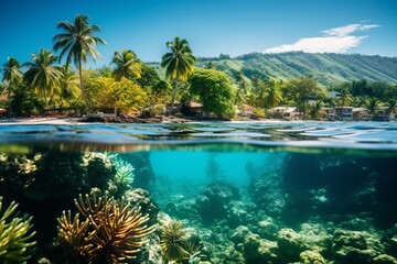 Vibrant underwater and overwater ecosystem with diverse sea life and a sunny summer beach