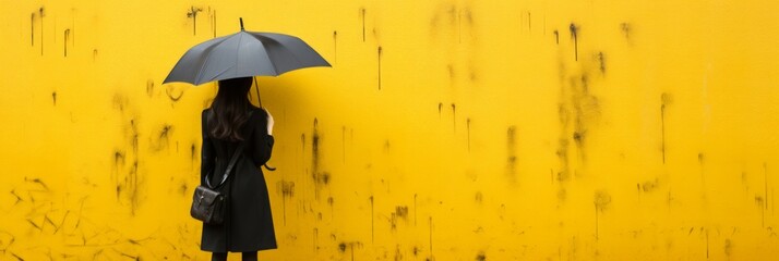 Stylish young woman with a vibrant yellow umbrella enjoying the rain with ample copy space
