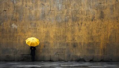 Cheerful woman with yellow umbrella in rain, perfect copy space for messaging creativity - obrazy, fototapety, plakaty