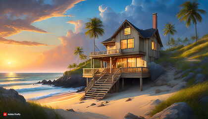 a beach house at sunset