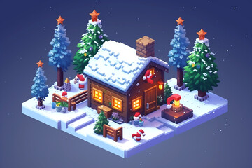 Isometric scene with Christmas decoration and christmas trees
