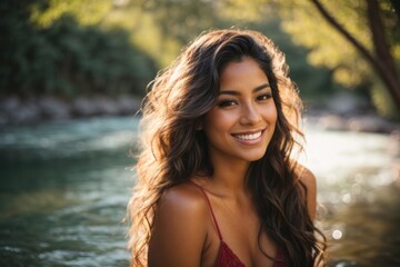 Joyful 20s girl embraces the outdoors near a river. Brown curls, swimsuit elegance, and a sunlit glow. A picture of carefree happiness. AIGenerated.