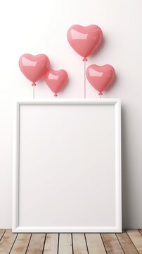 A blank photo frame with pink balloons, perfect for Valentine's Day mockups. Generative AI.