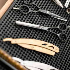 Barbers tools for mens haircuts laid out on a table