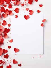 A minimalist and romantic white paper with red hearts on a wooden background for a St. Valentine's Day postcard. Generative AI.