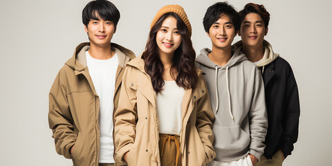 Group of young asian people in winter clothes isolated on grey background. ia generative
