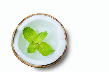 coconut water and mint on white background 