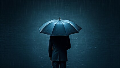 Confident young man with dark blue umbrella embracing rain, copy space for text or design