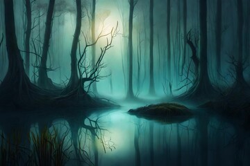 dark forest in the night generated by AI technology	