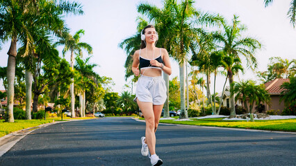 Portrait of full body female runner doing exercise on sidewalk, healthy lifestyle. Woman in headphones listening favorite music playlist while jogging in park surrounded by palm trees