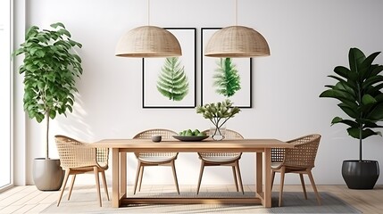 Living room of dining room interior with mock up poster frame, stylish table, rattan chair, wooden kitchen island, white chocker, plants, kitchen hood and personal accessories 