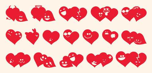 Set of cute red hearts with different emotions and expressions. Vector illustration.