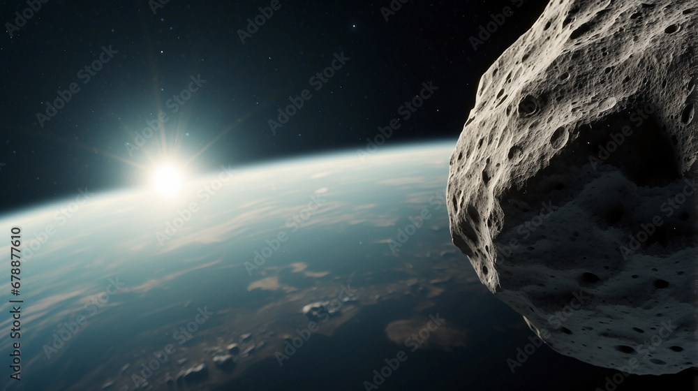 Poster extreme macro shot of an asteroid floating in space - ai generative