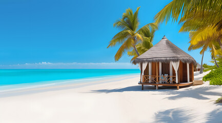 Paradise tropical beach with palm trees, seaside wooden bungalow, white sand, blue sky, & turquoise...