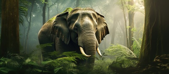 In the lush green jungle of Thailand a majestic elephant peacefully roams through the dense forest creating a mesmerizing scene in the natural park reflecting the serene beauty of its Asian 