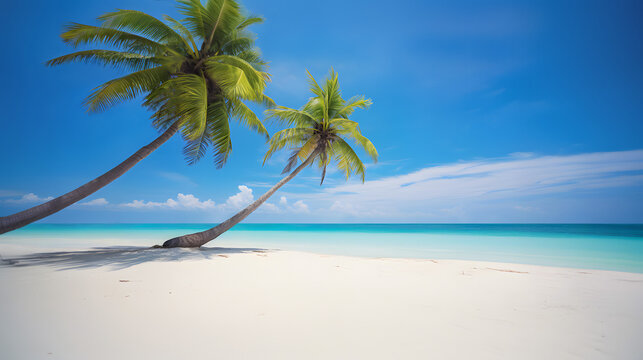 Paradise tropical beach with white sand, empty, with two palm trees bent by the wind toward the azure sky & turquoise sea.