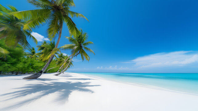 Beautiful empty tropical beach with white sand & palm trees bent toward the blue sky & turquoise sea.