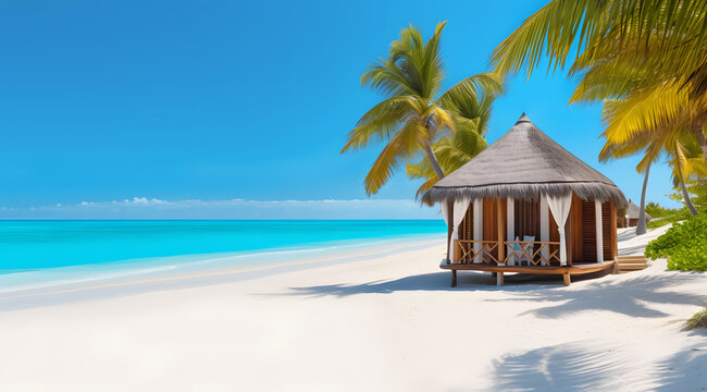 Paradise tropical beach with palm trees, seaside wooden bungalow, white sand, blue sky, & turquoise sea.