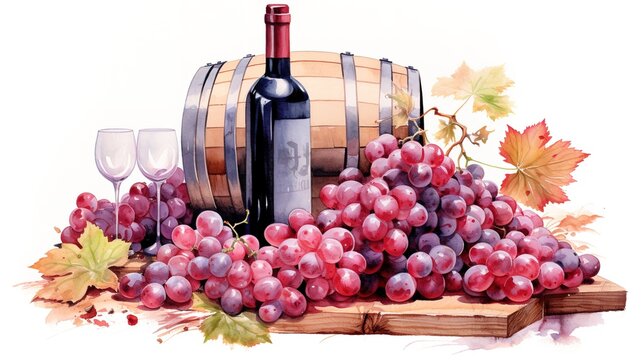 Composition of Bunch of Pink Grapes and Red Wine Bottle
