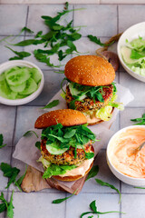Fish burger with shriracha mayo sauce